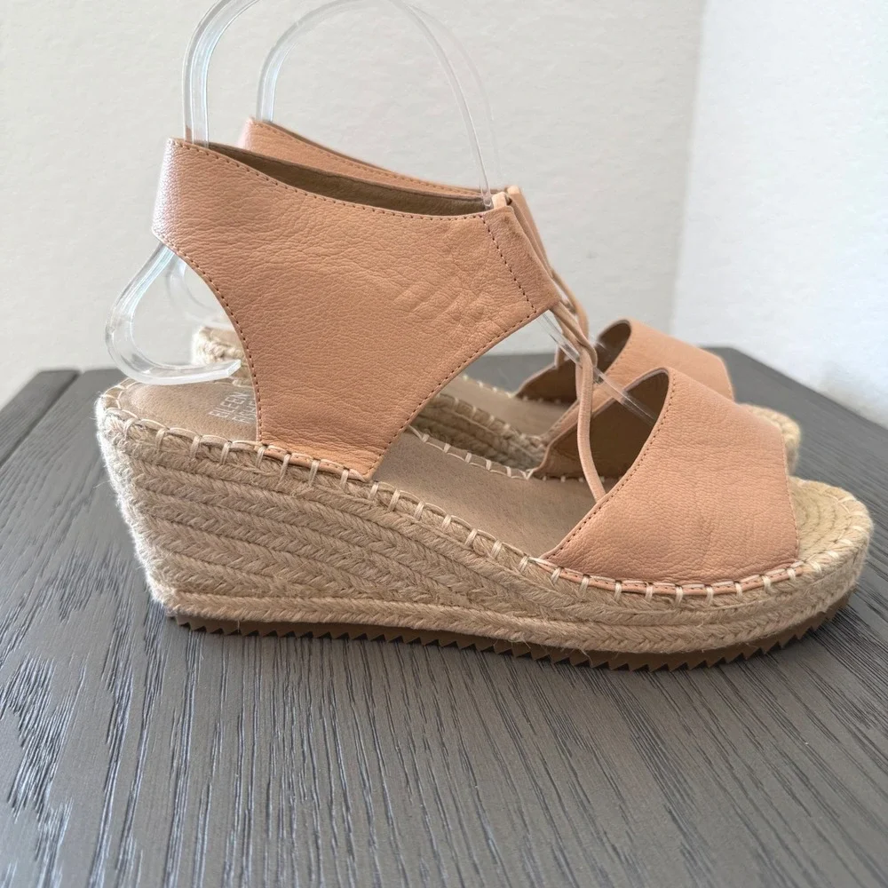 Eileen‎ Fisher Tan Leather Espadrille Wedge Sandals Lace Up 7.5 Nude Boho Summer